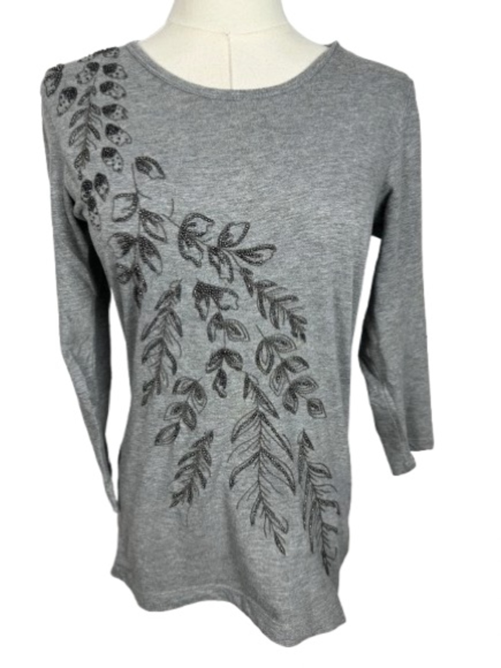 Women’s Gray Embellished Leaf-Print Knit Top Size XS
